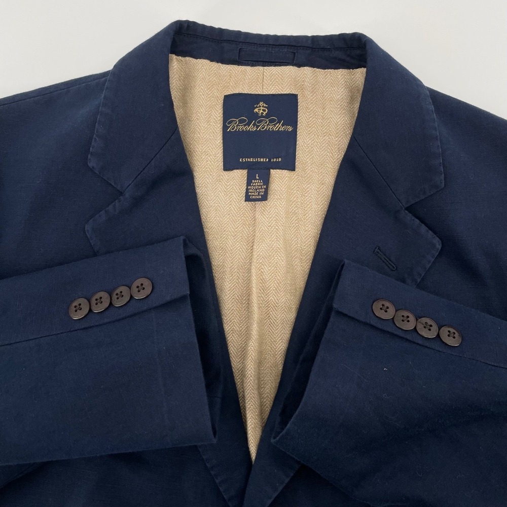 Brooks Brothers Mens Navy Blue Cotton Linen Blazer Sport Coat Large Irish Fabric